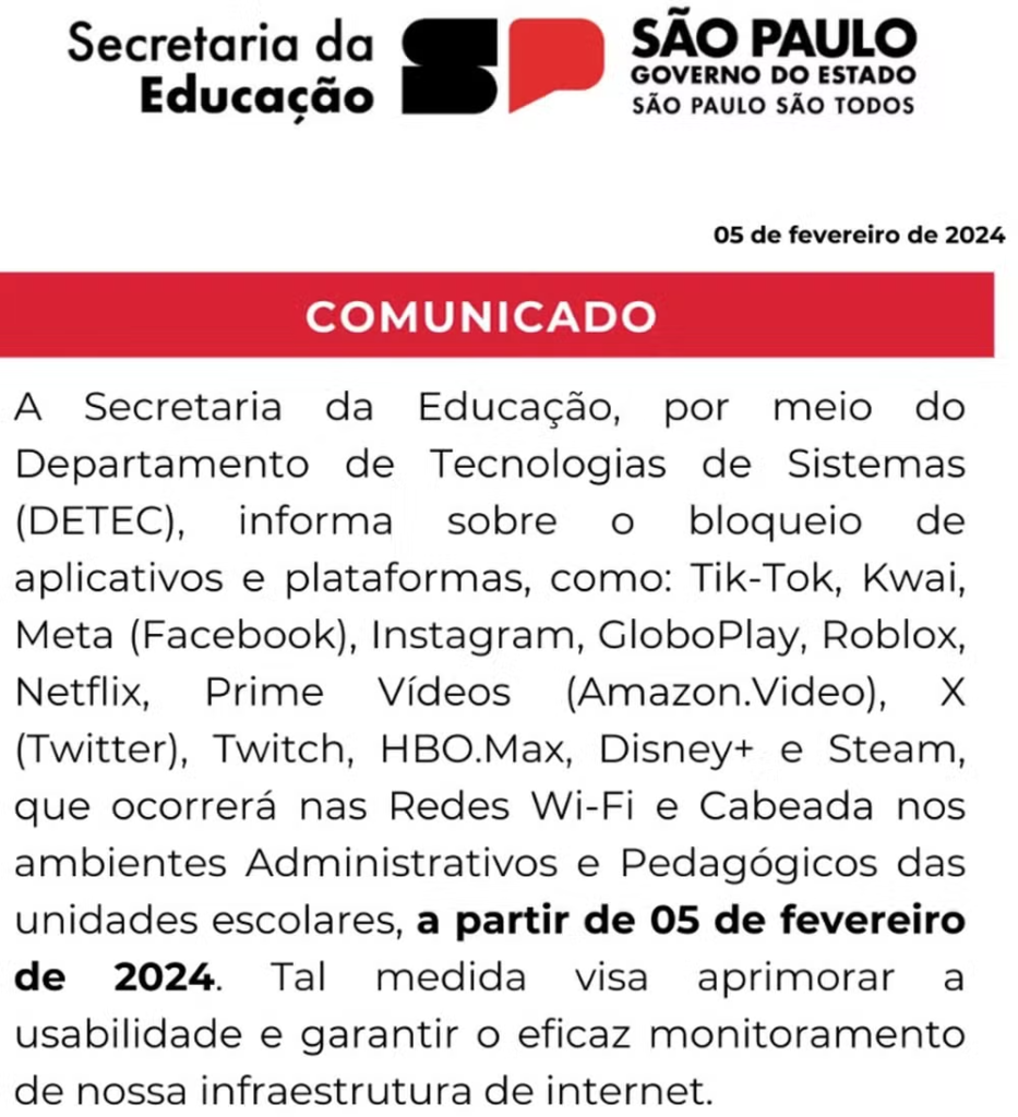 Governo de SP bloqueia acesso ao TikTok, Instagram, apps e streamings sem fins educativos em escolas estaduais - Imagem: divulgação/