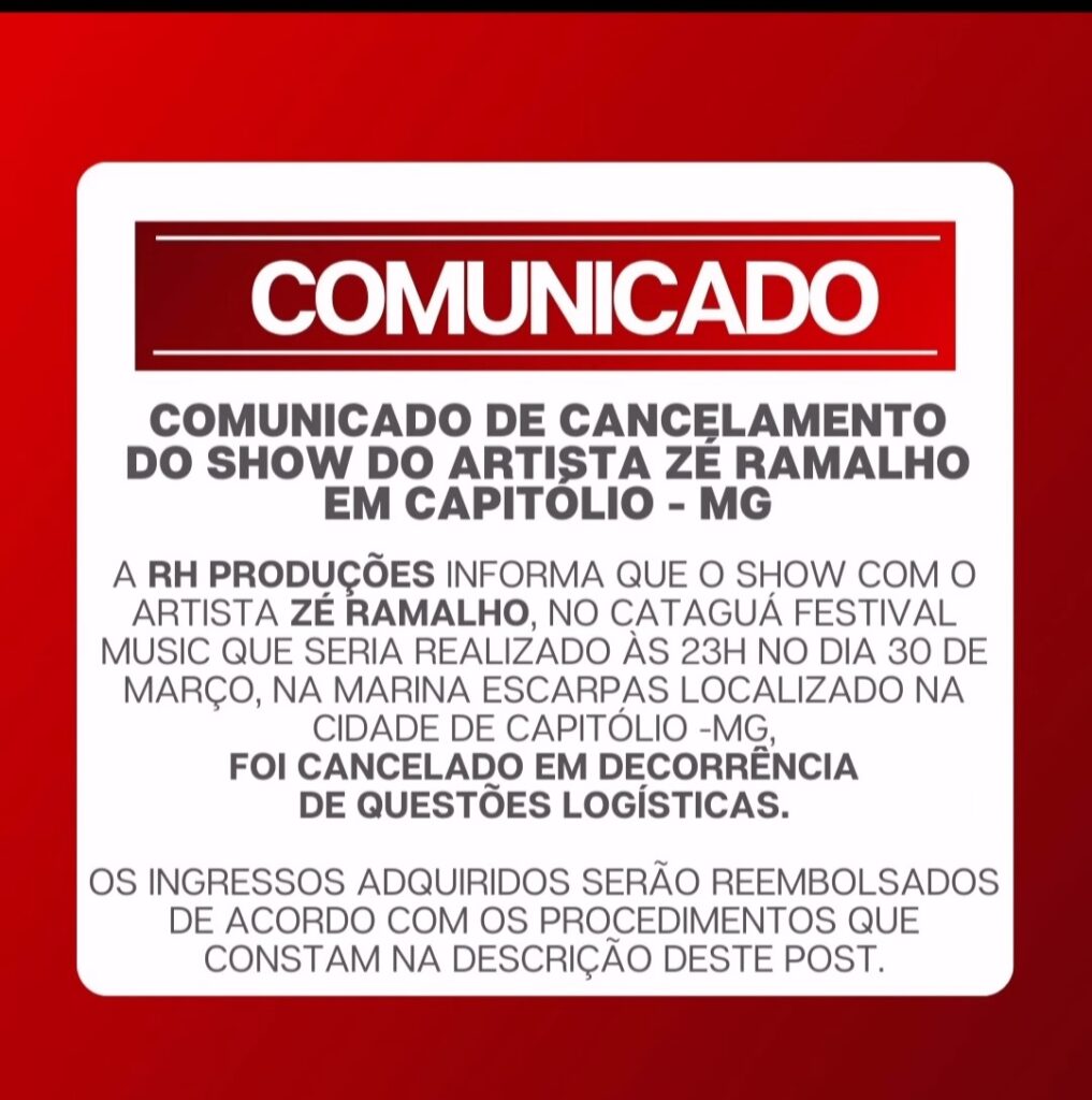 Show do cantor Zé Ramalho é cancelado em Capitólio - Imagrm: Reprodução 