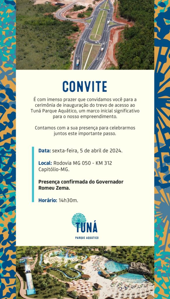 Governador Romeu Zema é presença confirmada na inauguração do trevo de acesso ao Tuná Parque Aquático em Capitólio - Imagem: divulgação