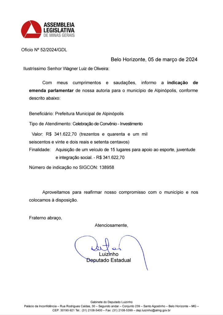 Waguinho da Cecília conquista mais de R$ 341 mil em emenda parlamentar para Alpinópolis - Imagem: divulgação