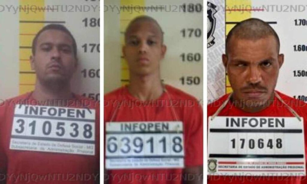 Tiago das Neves de Jesus, Manoelzito Gil de Souza e Rainne Rodrigues da Silva de Moraes, de 26 anos, acessaram uma área de mata fechada e seguem sendo procurados - Foto: Sejusp/divulgação