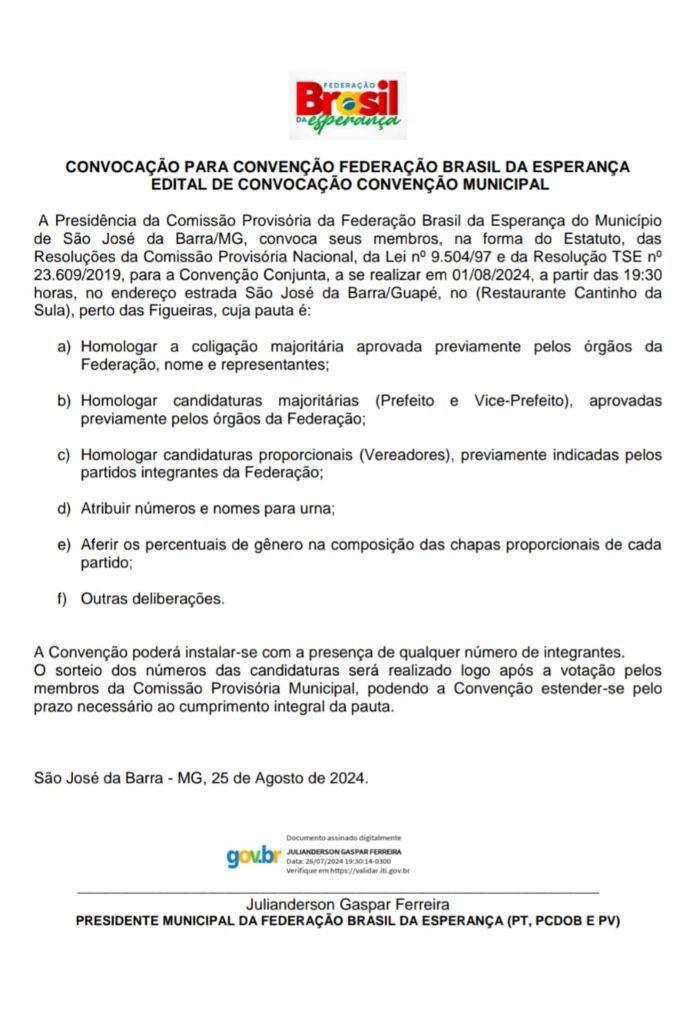 Edital de Convocação – Convenção Partidária Eleitoral – Eleições 2024 em São José da Barra/MG - Imagem: Reprodução