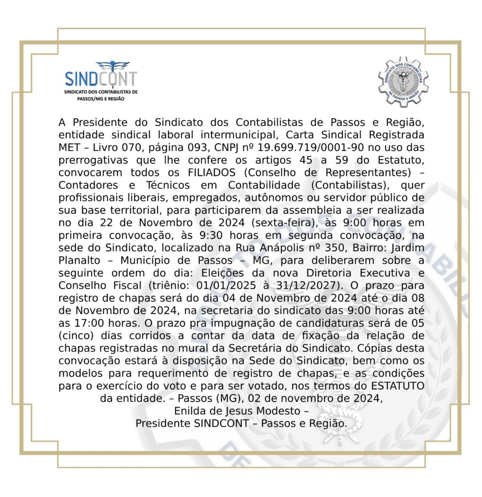 Edital da assembléia para eleição da nova diretoria do SINDCONT em Passos - Imagem: SINDCONT