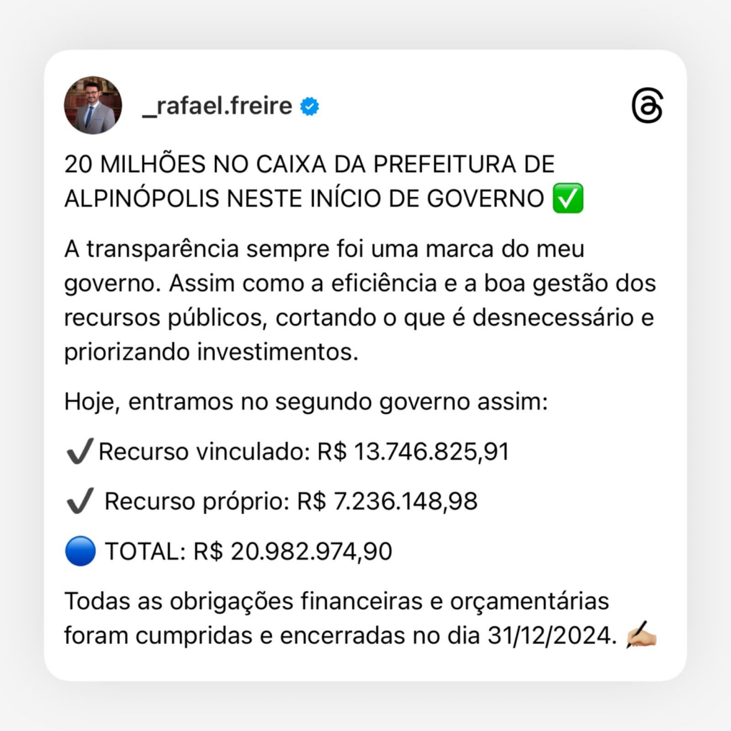 Prefeito de Alpinópolis, Rafael Freire, inicia novo mandato com mais de R$ 20 mi em caixa - Imagem: divulgação/Prefeitura de Alpinópolis