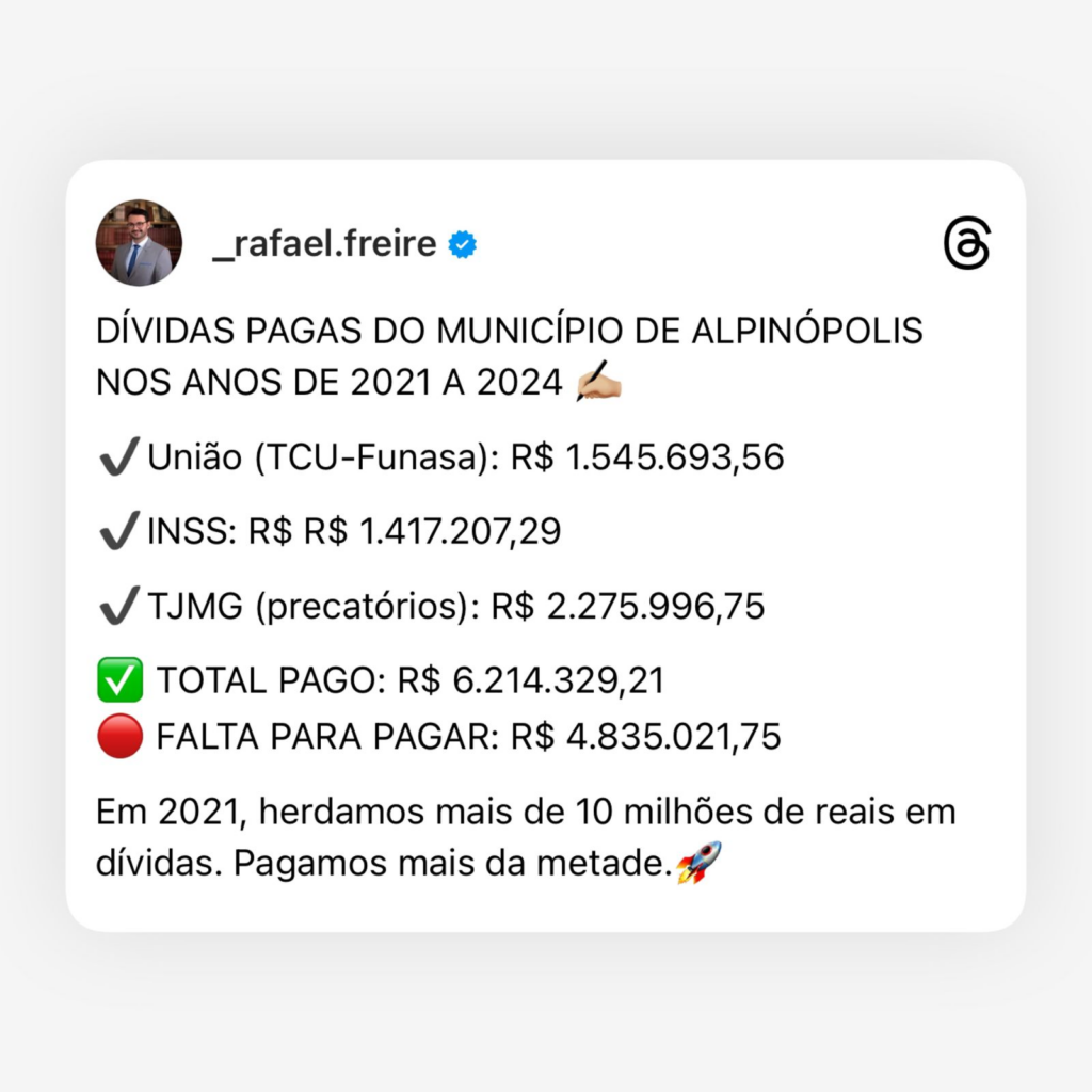 Prefeito de Alpinópolis, Rafael Freire, inicia novo mandato com mais de R$ 20 mi em caixa - Imagem: divulgação/Prefeitura de Alpinópolis