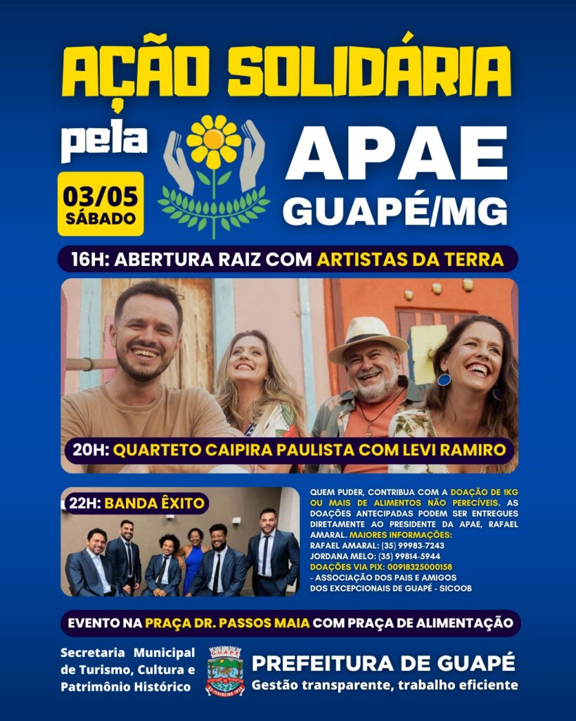 Ação solidária em prol da Apae de Guapé acontece neste sábado - Imagem: divulgação