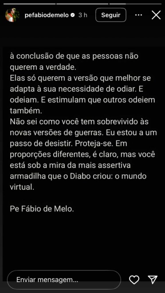 Padre Fábio de Melo faz desabafo chocante após polêmica: ‘Eu estou a um passo de desistir’ - Imagem: reprodução/Instagram