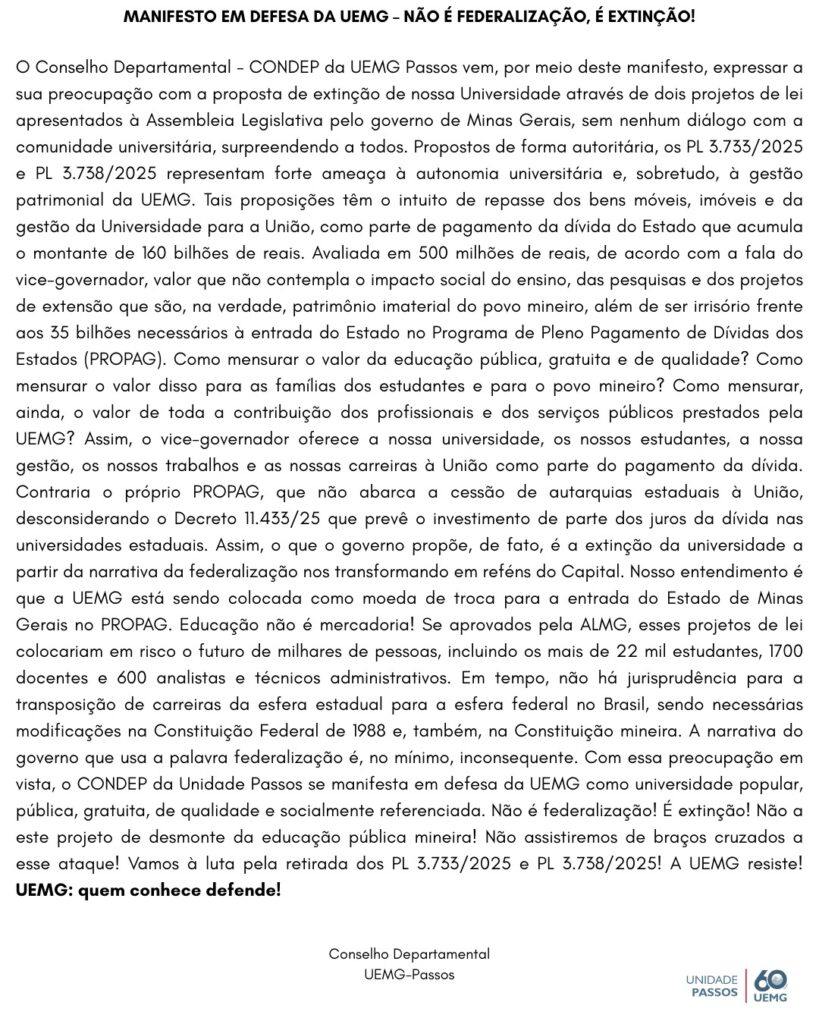 Conselho Departamental da Unidade Passos publica manifesto contra a proposta de extinção da UEMG - Imagem: divulgação
